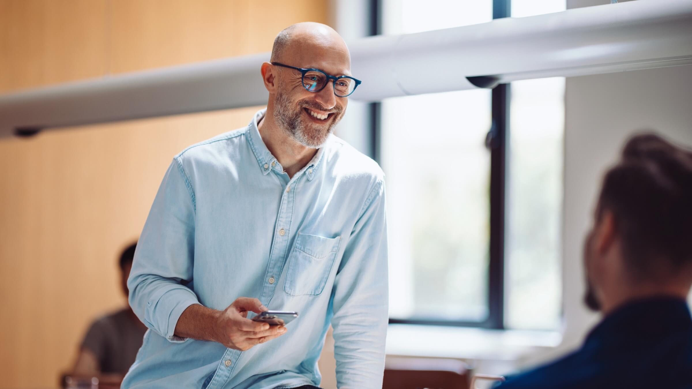 smiling professional explaining ideas header
